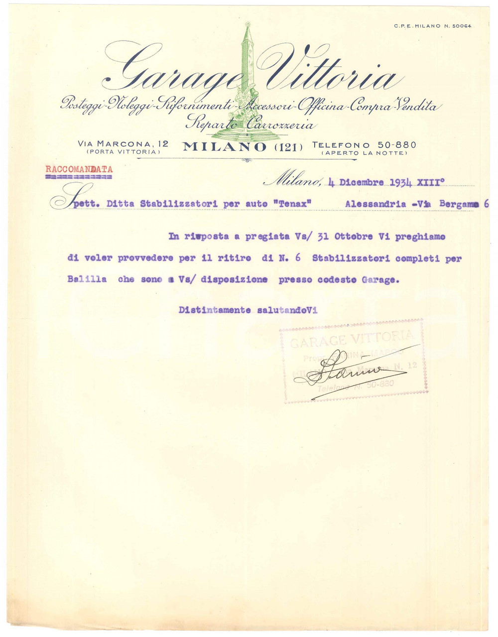 Fotografia d epoca originale 1934 MILANO Via Marcona 12  Garage VITTORIA Officina  Lettera 1