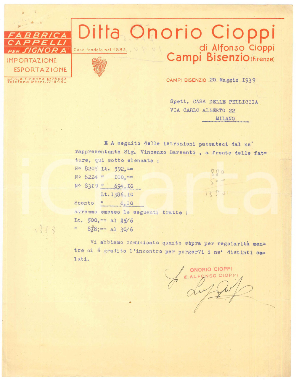 Documento originale, autentico 1939 CAMPI BISENZIO  Ditta Onorio CIOPPI Cappelli per signora  Lettera 1