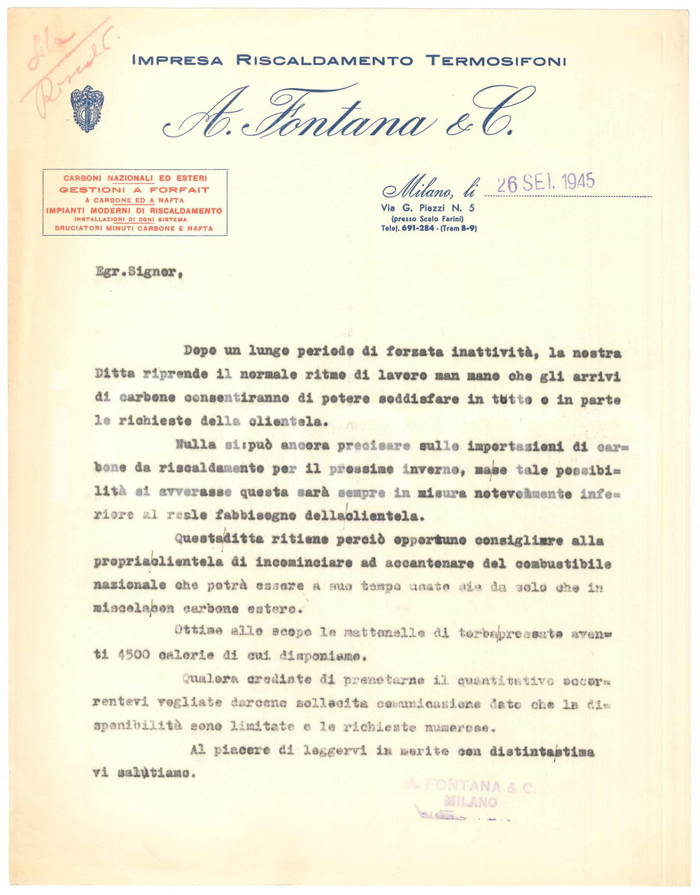 Documento originale, autentico 1945 MILANO Via G. Piazzi 5  A. FONTANA & C. Impresa Riscaldamento  Lettera 1