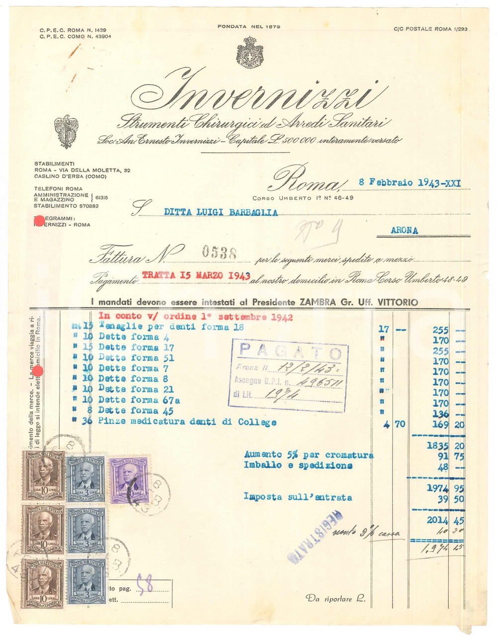 1943 ROMA Corso Umberto I - INVERNIZZI Strumenti chirurgici - Fattura tenaglie