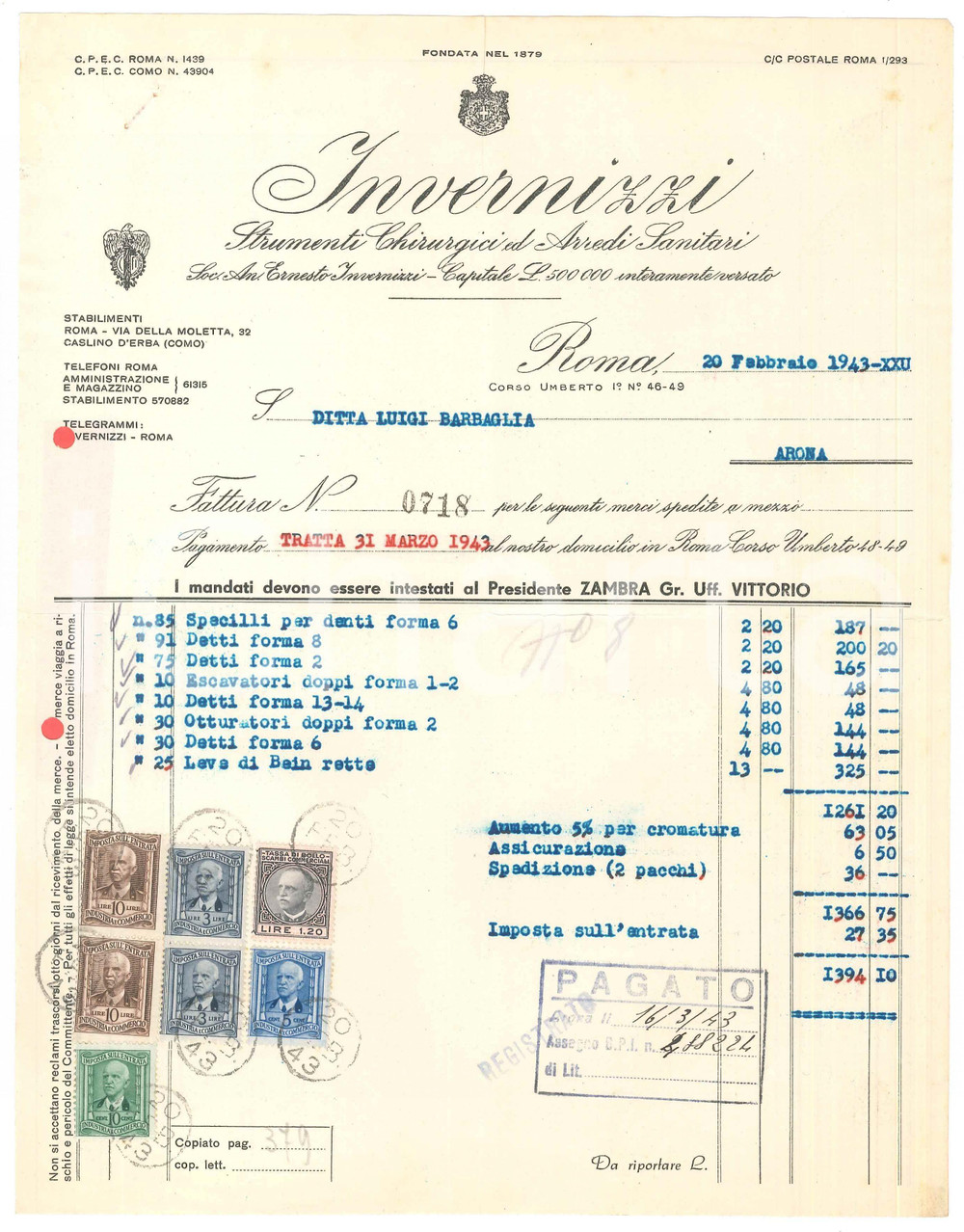 Documento originale, autentico 1943 ROMA Corso Umberto I  INVERNIZZI Strumenti chirurgici  Fattura 1