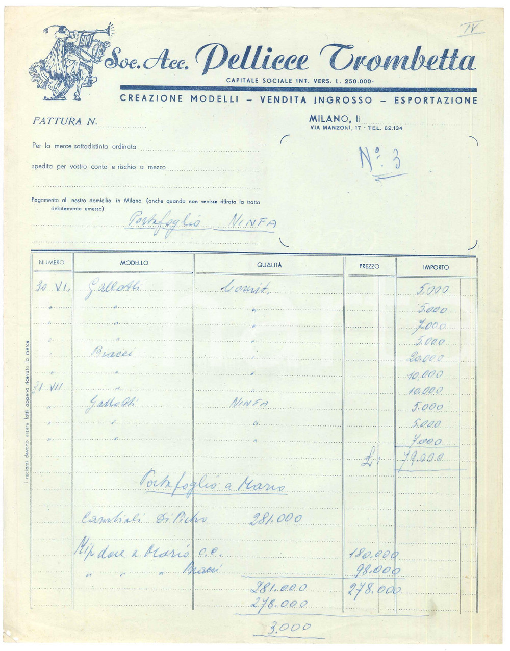 Documento originale, autentico 1955 ca MILANO Via Manzoni 17  Soc. Acc. Pellicce TROMBETTA Fattura 1