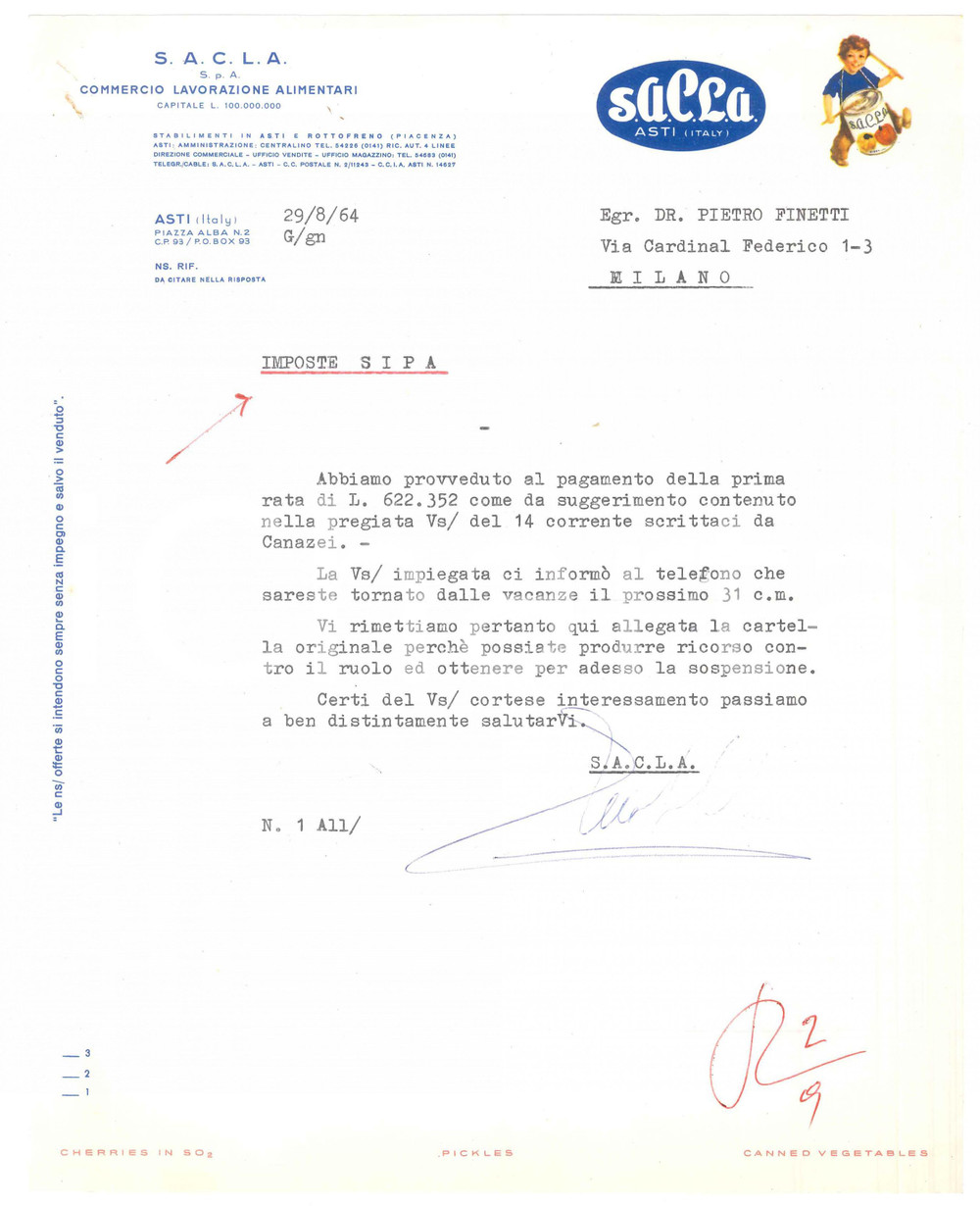 Documento originale, autentico 1964 ASTI Ditta SACLA  Commercio Lavorazione Alimentari Lettera commerciale 1