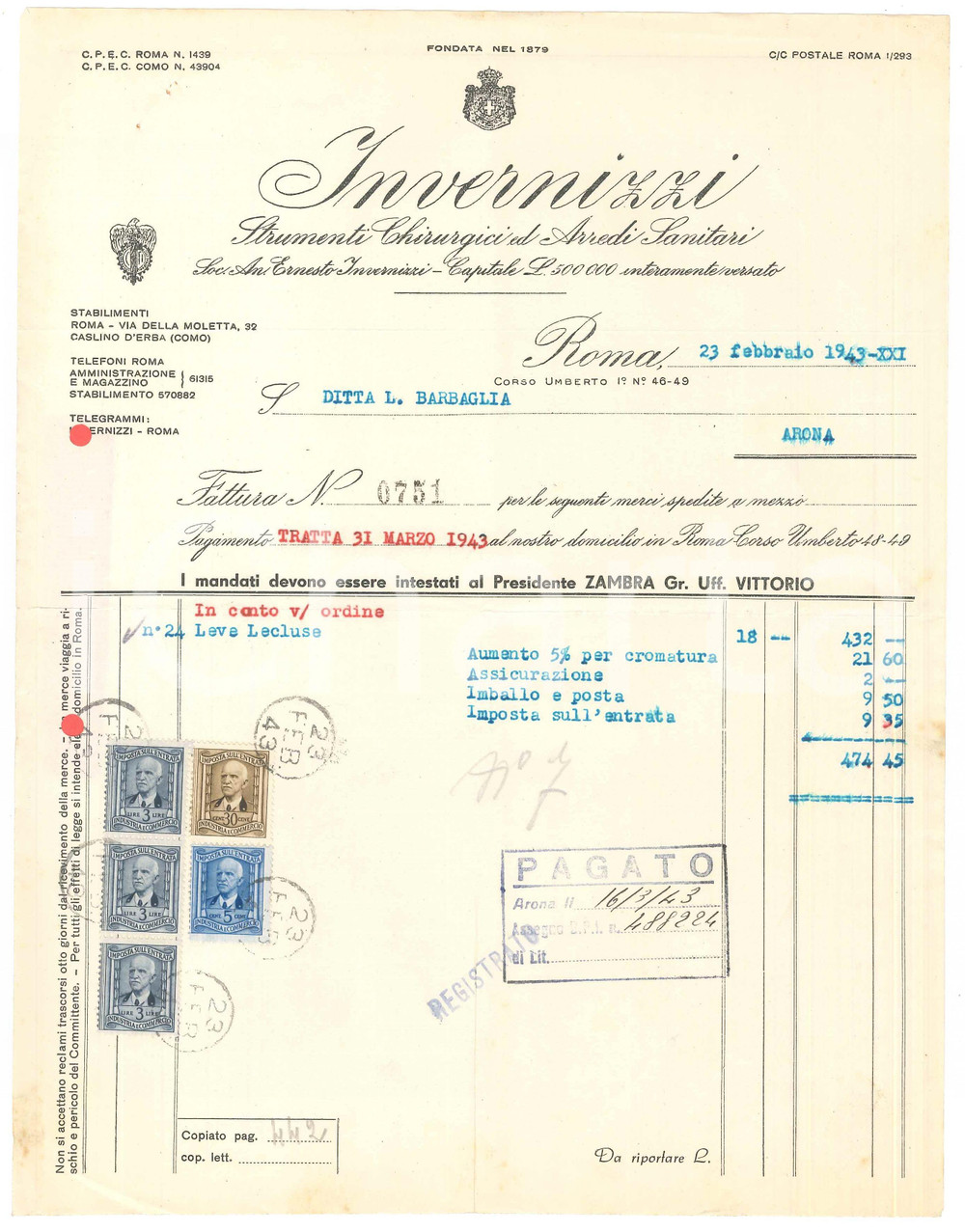 1943 ROMA Corso Umberto I - INVERNIZZI Strumenti chirurgici - Fattura leve