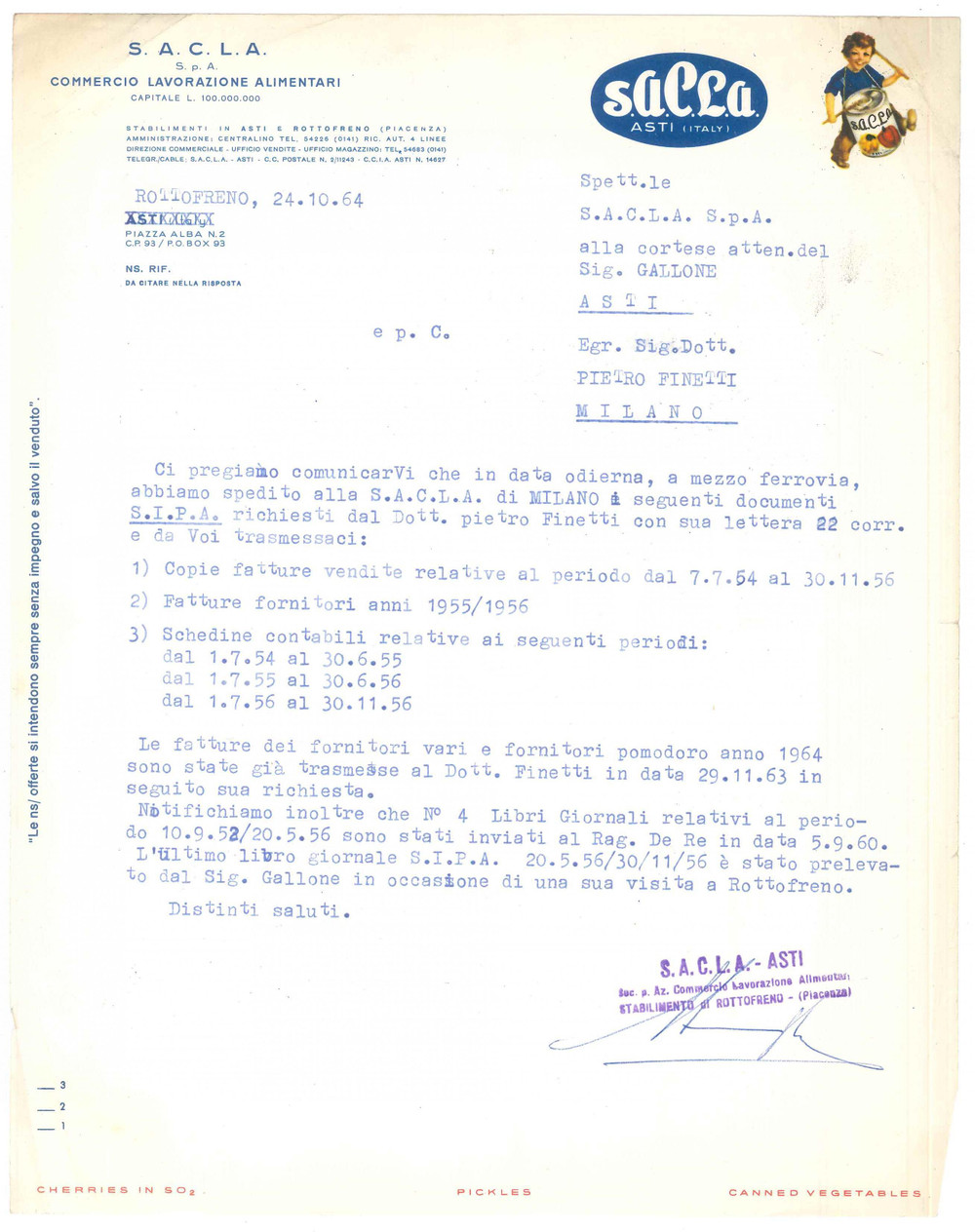 Documento originale, autentico 1964 ROTTOFRENO PC Ditta SACLA  Alimentari Lettera commerciale 1