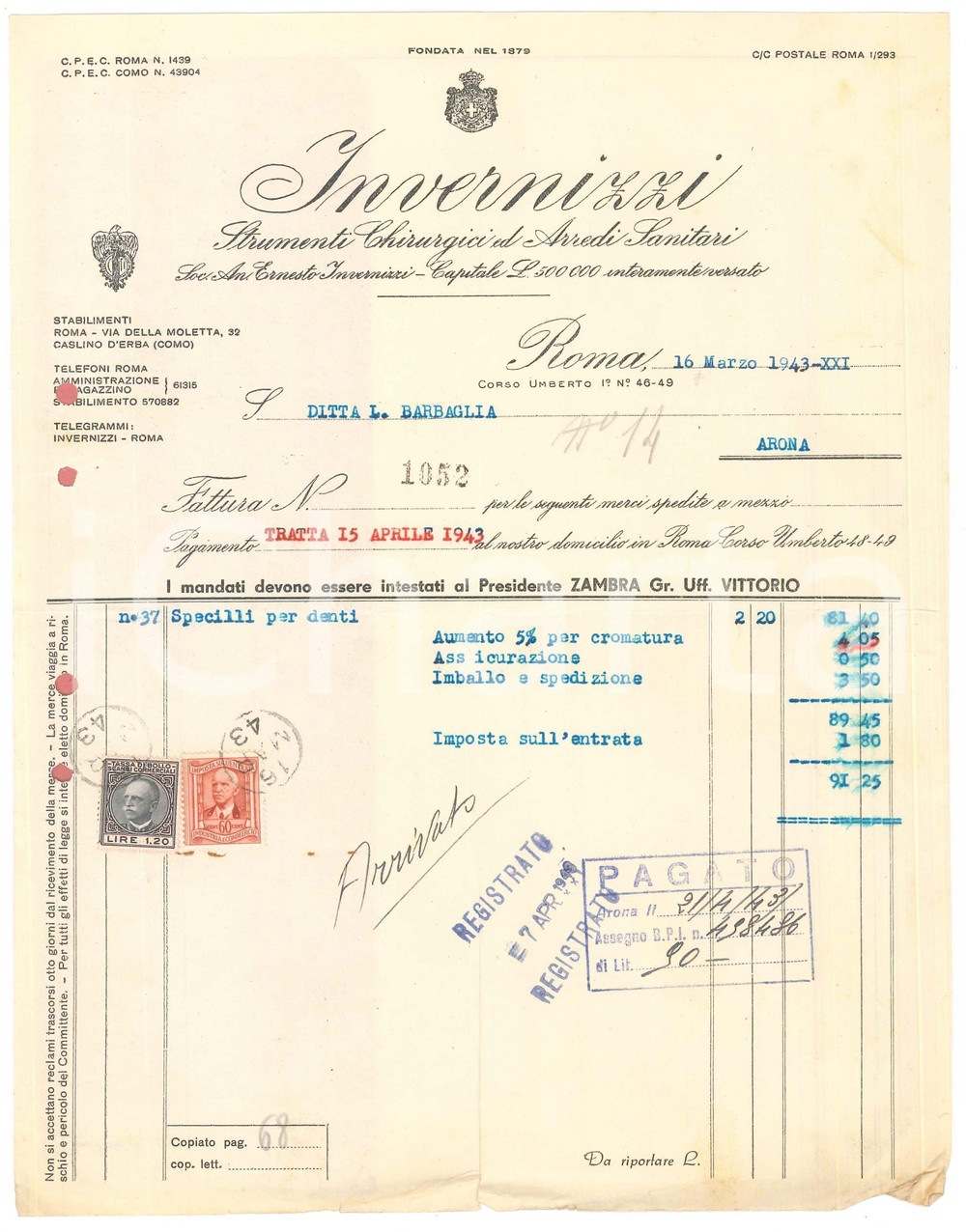 Documento originale, autentico 1943 ROMA Corso Umberto I  INVERNIZZI Strumenti chirurgici  Fattura specilli 1