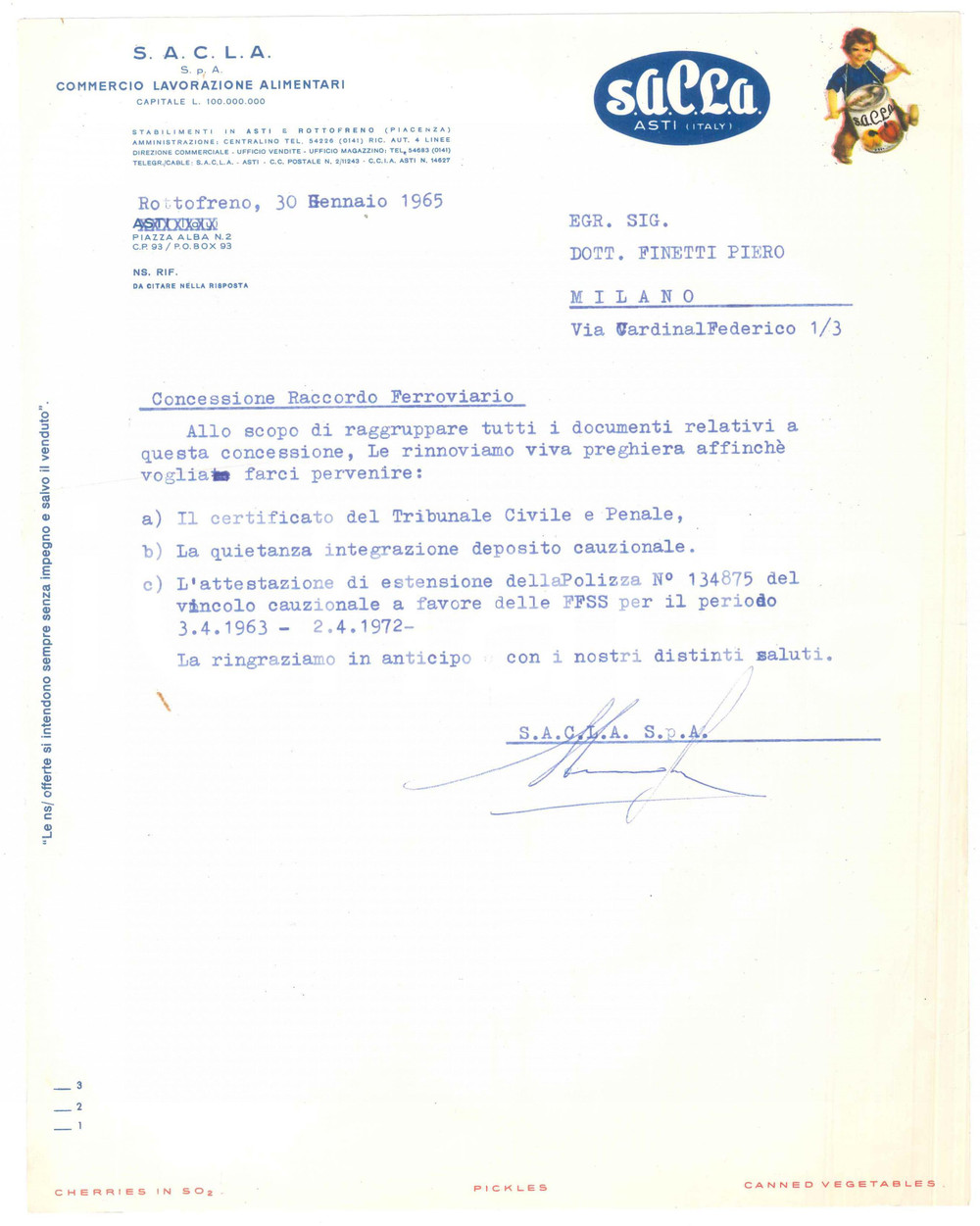 Documento originale, autentico 1965 ROTTOFRENO PC Ditta SACLA  Alimentari Lettera commerciale 1