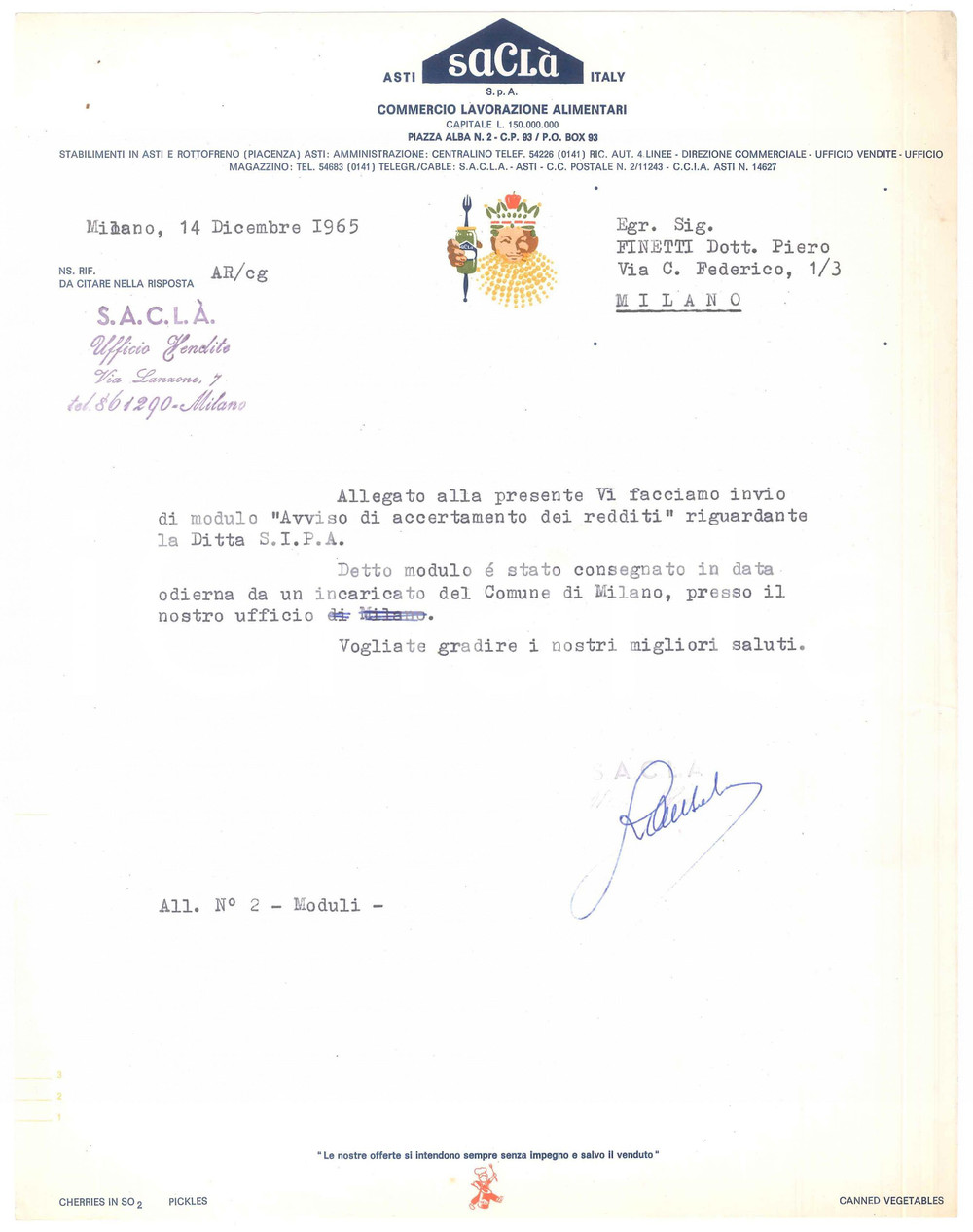 Documento originale, autentico 1965 MILANO Ditta SACLA  Commercio Lavorazione Alimentari Lettera commerciale 1