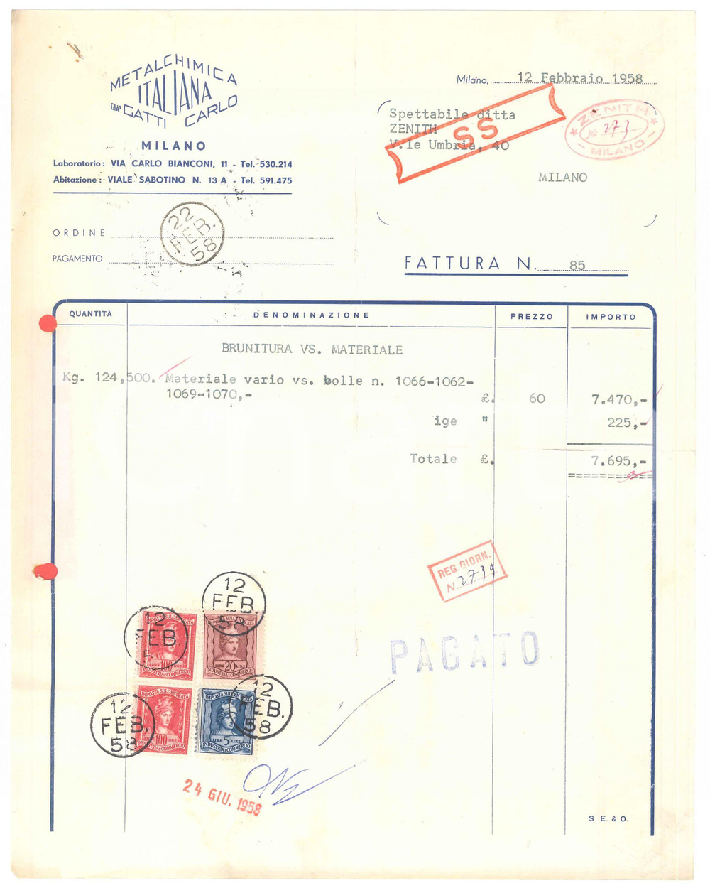 Documento originale, autentico 1958 MILANO Via Bianconi 11  METALCHIMICA ITALIANA GiÃ  GATTI Carlo Fattura 1