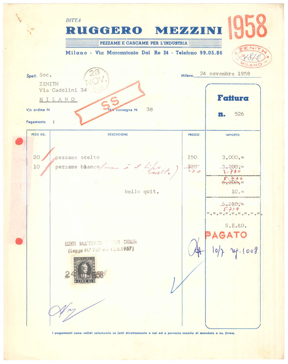 Documento originale, autentico 1958 MILANO Via Marcantonio Dal Re  Ruggero MEZZINI Pezzame e cascame  Fattura 1