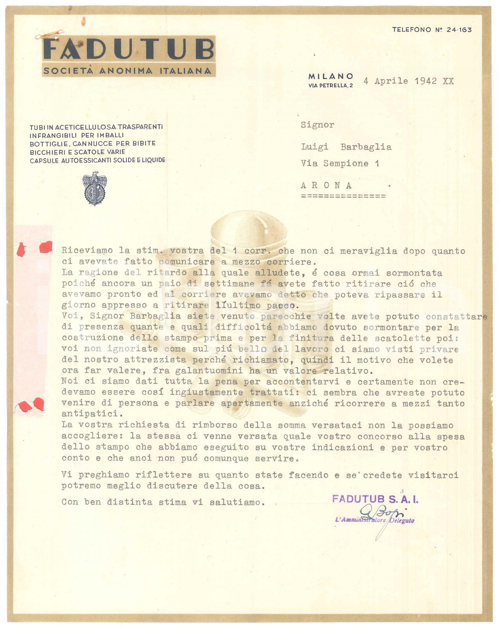 1941 MILANO Via Petrella 2 - FADUTUB Tubi in aceticellulosa - Lettera