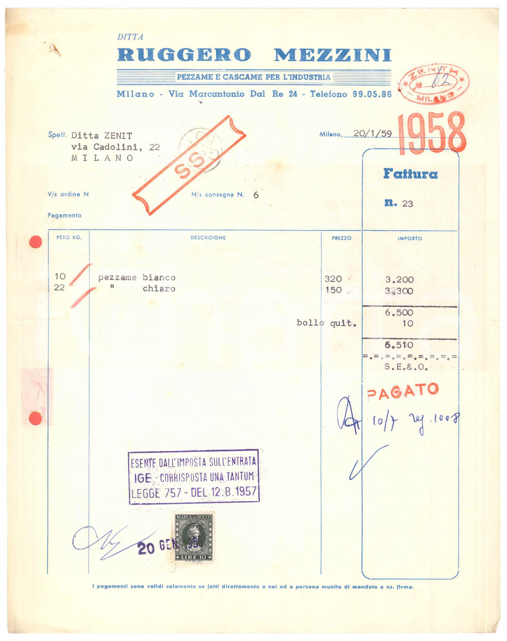 Documento originale, autentico 1959 MILANO Via Marcantonio Dal Re  Ruggero MEZZINI Pezzame e cascame  Fattura 1