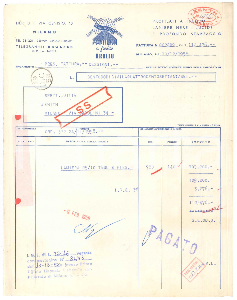 Documento originale, autentico 1958 MILANO Via Cenisio 10   BROILO Giuseppe profilati a freddo  Fattura 1