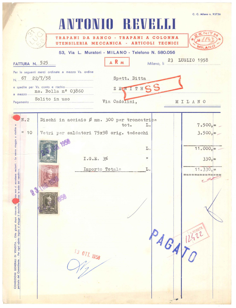 Documento originale, autentico 1958 MILANO Via L. Muratori 53  Antonio REVELLI Trapani e utensileria  Fattura 1