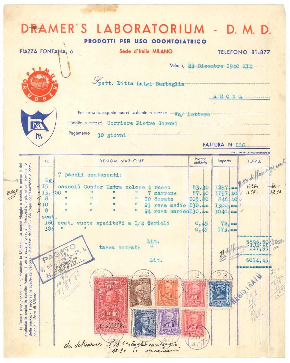 Documento originale, autentico 1940 MILANO Piazza Fontana  DRAMER S LABORATORIUM Odontoiatria  Fattura 1