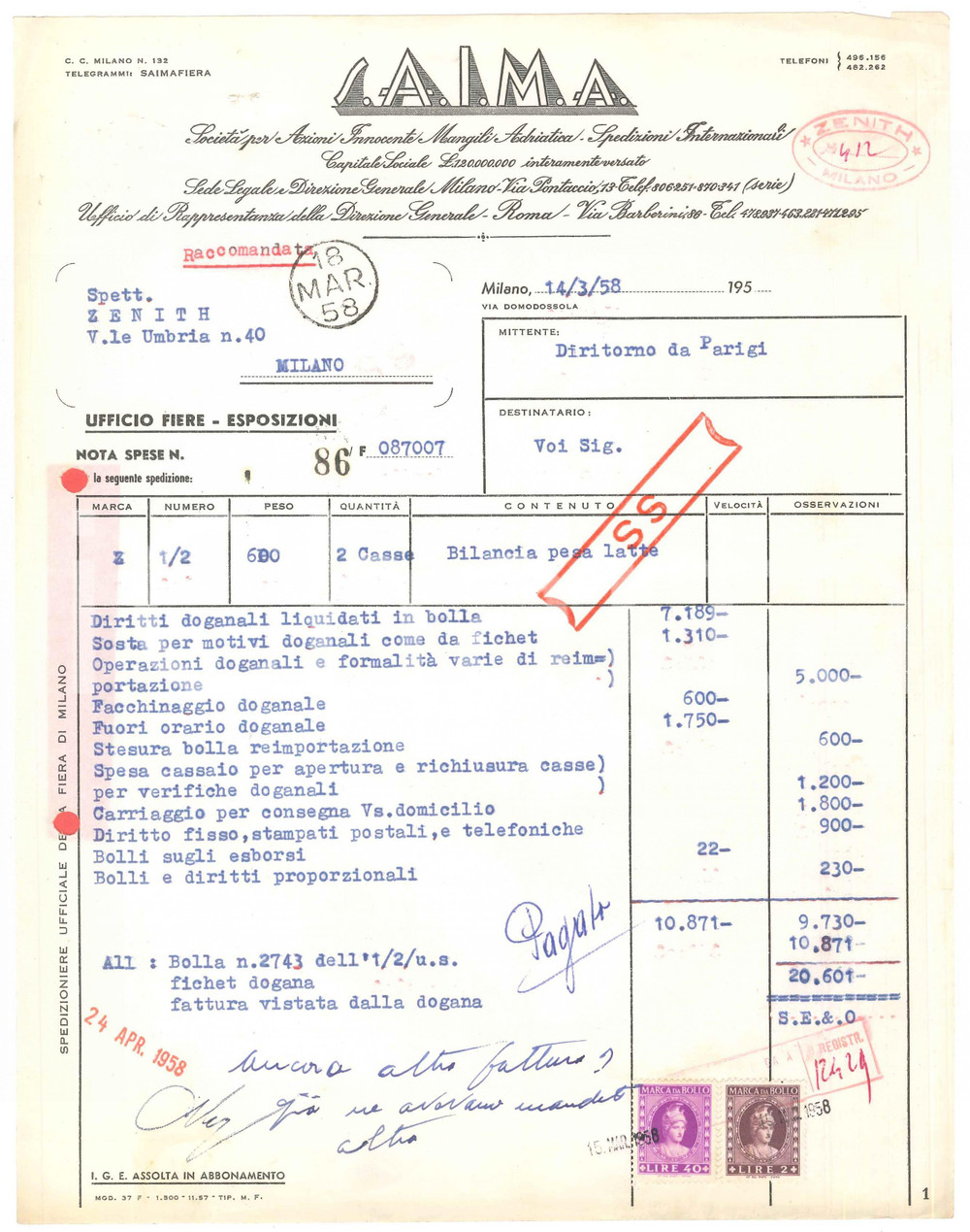 Documento originale, autentico 1958 MILANO Via Domodossola  S.A.I.M.A. Spedizioni Internazionali  Fattura 1