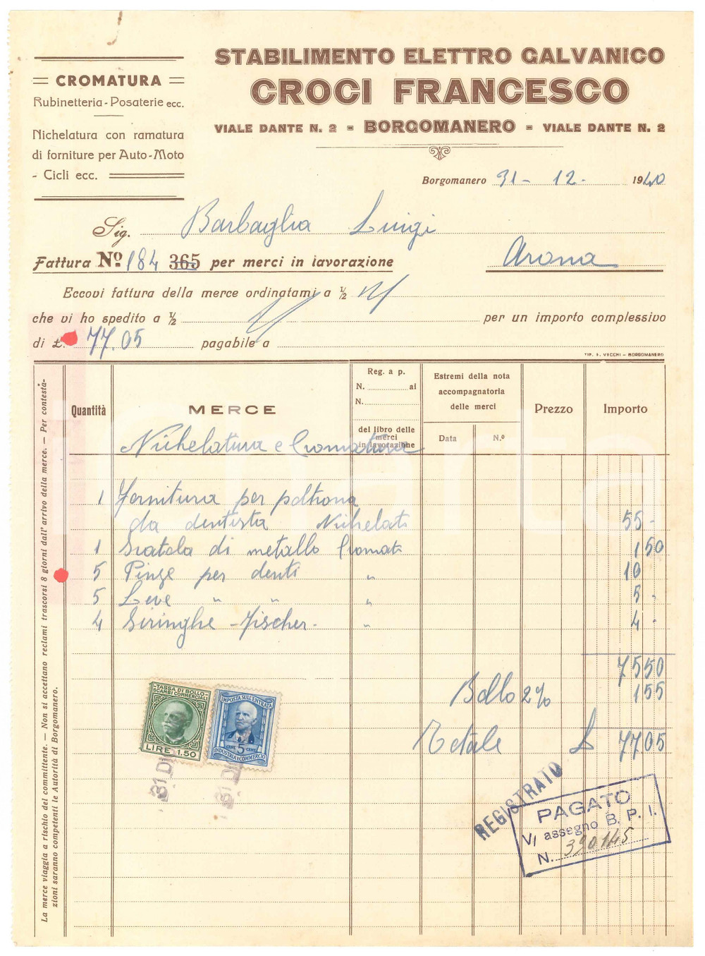 Documento originale, autentico 1940 BORGOMANERO NO Stabilimento elettrogalvanico CROCI Francesco  Fattura 1