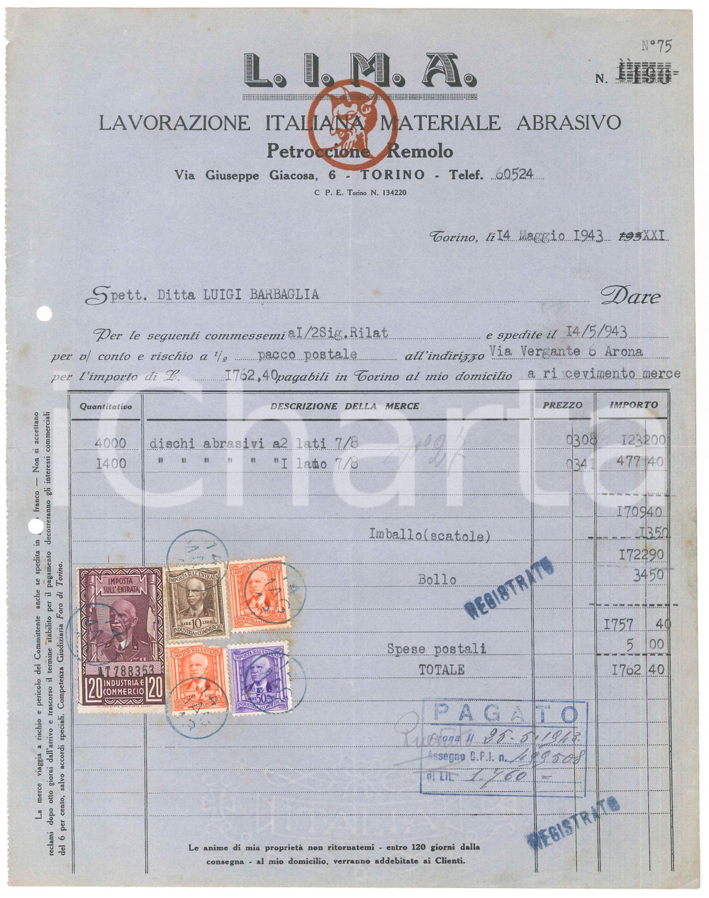 Documento originale, autentico 1943 TORINO Via Giacosa 6  L.I.M.A. Lavorazione Materiale Abrasivo Fattura 1