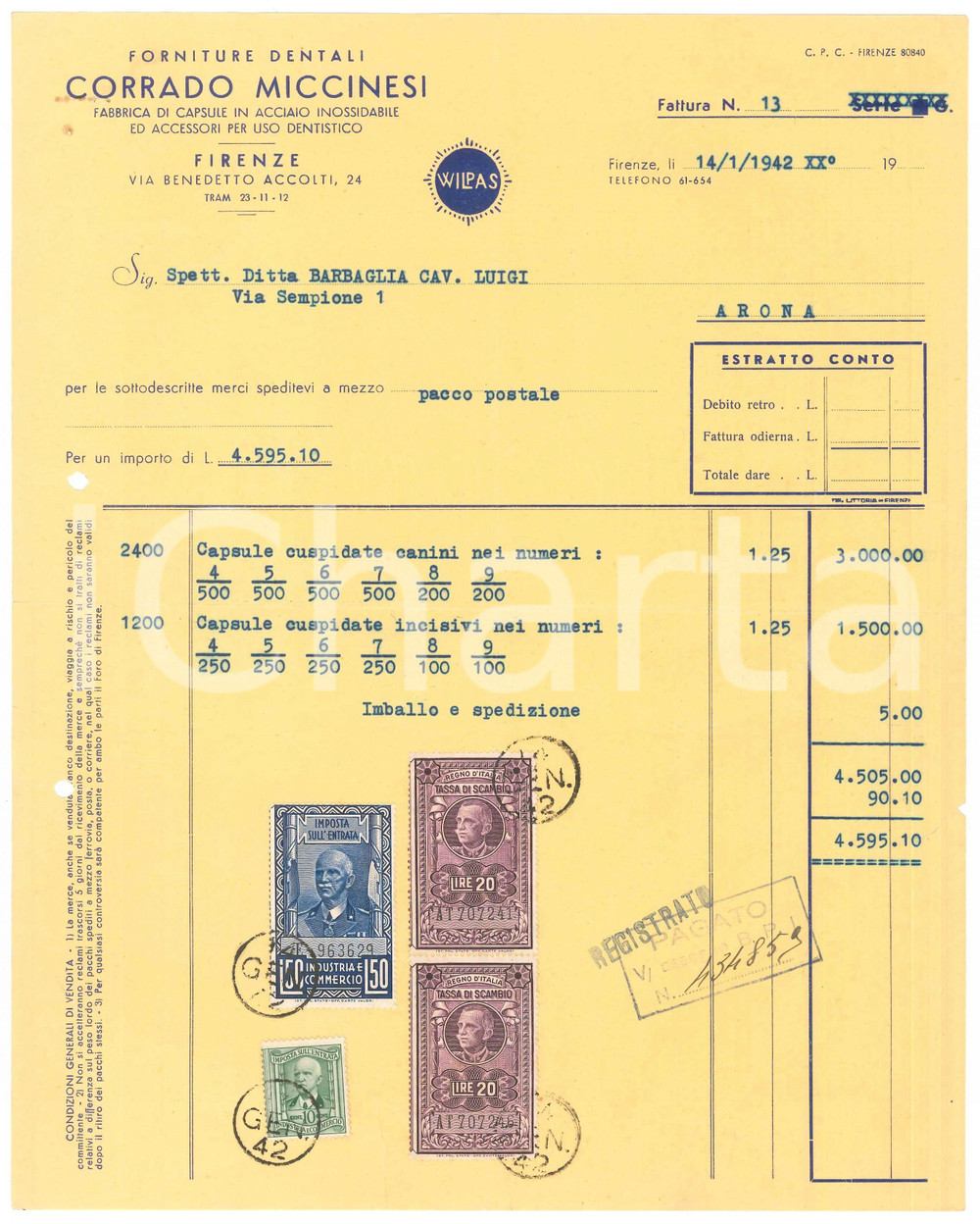 Documento originale, autentico 1942 FIRENZE Via Accolti 24  Corrado MICCINESI Forniture dentali Fattura 1