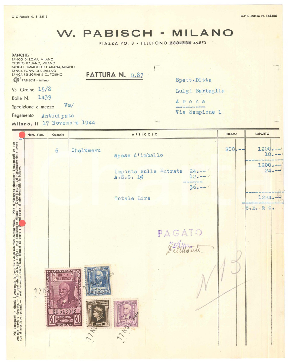 Documento originale, autentico 1944 MILANO Piazza Po 8  Ditta W. PABISCH  Fattura per chalumeau 1