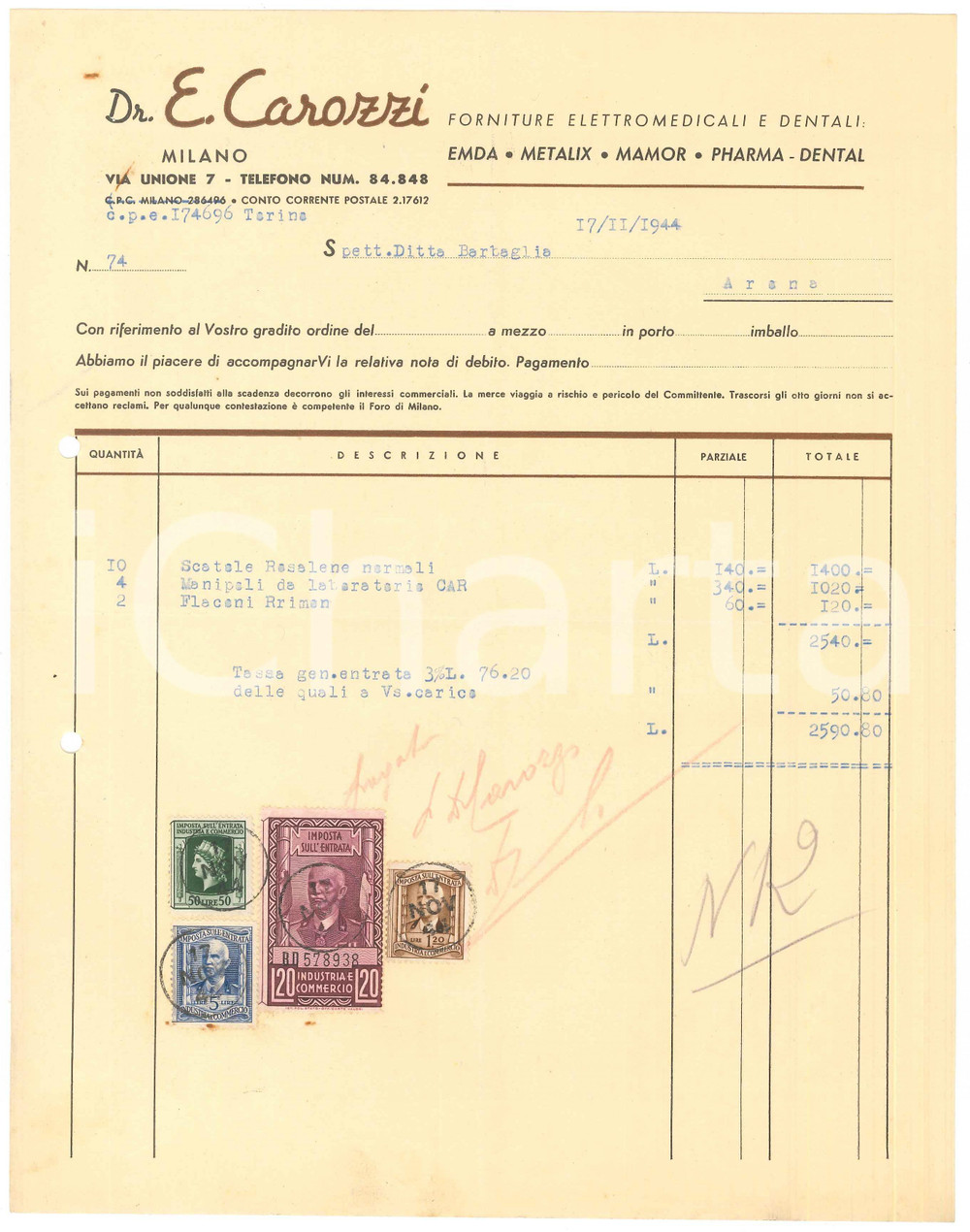 Documento originale, autentico 1944 MILANO Via Unione 7  Dr. E. CAROZZI Forniture elettromedicali Fattura 1