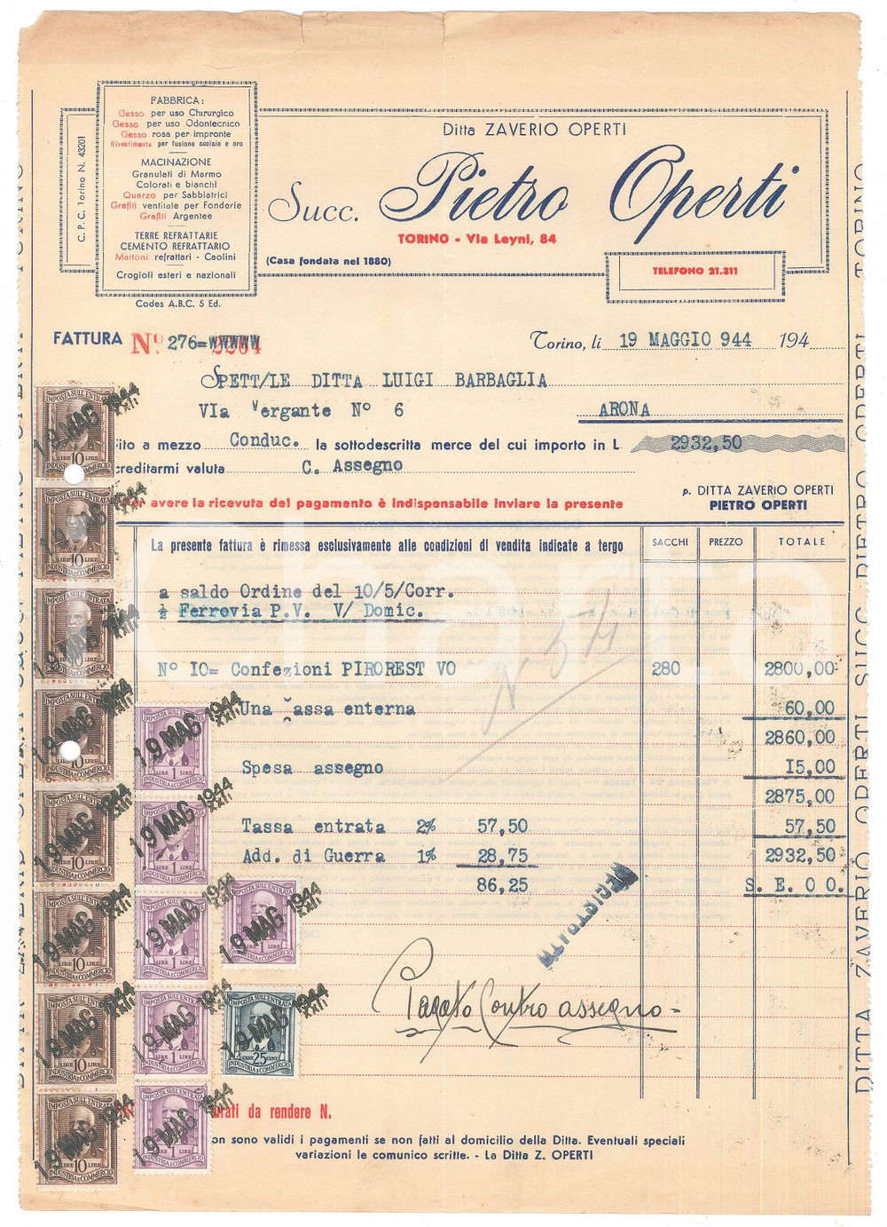 Documento originale, autentico 1944 TORINO Via LeynÃ¬ 84  Ditta Zaverio OPERTI  Cementi  Fattura 1