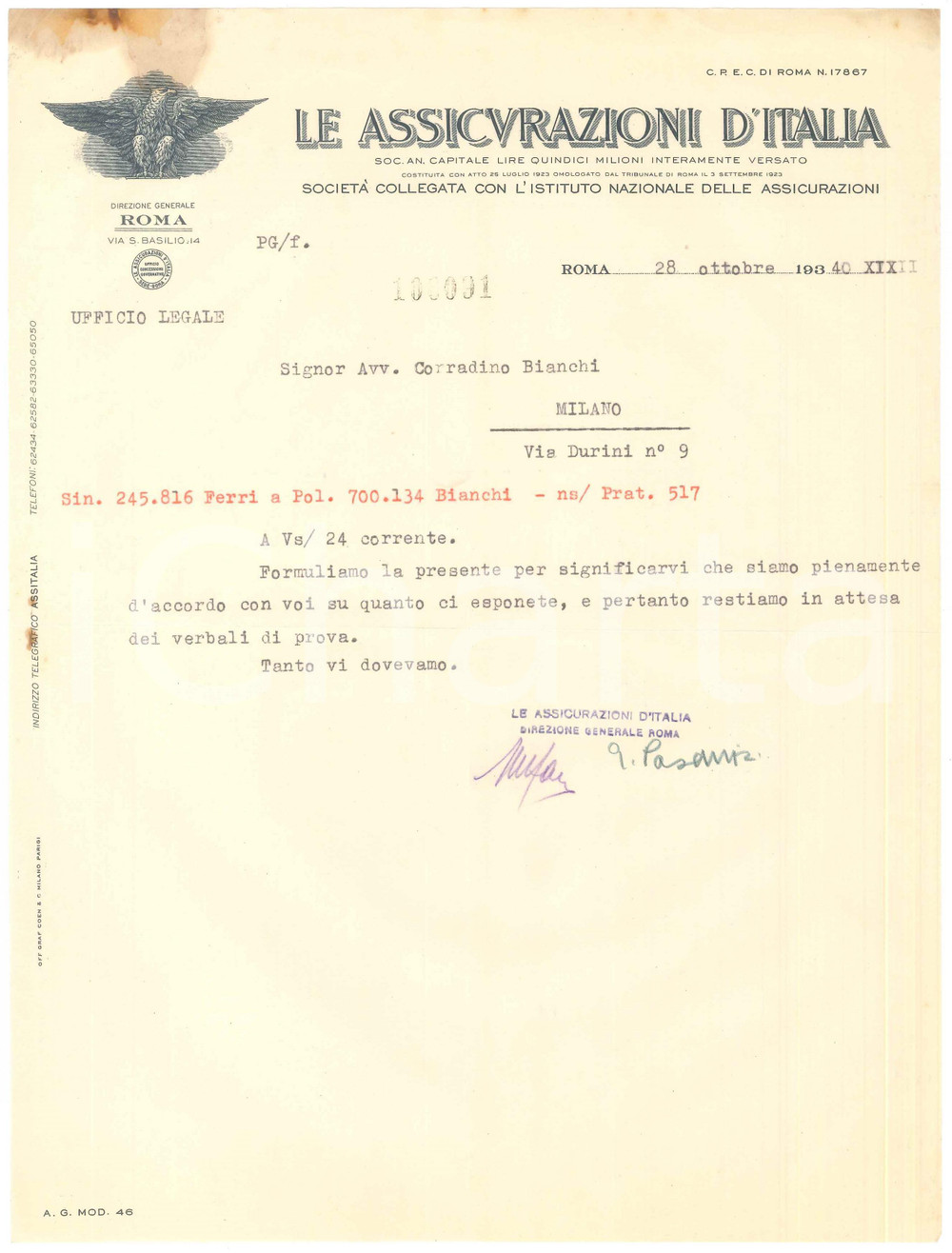 Documento originale, autentico 1940 ROMA Via S. Basilio 14  LE ASSICURAZIONI D ITALIA  Lettera commerciale 1