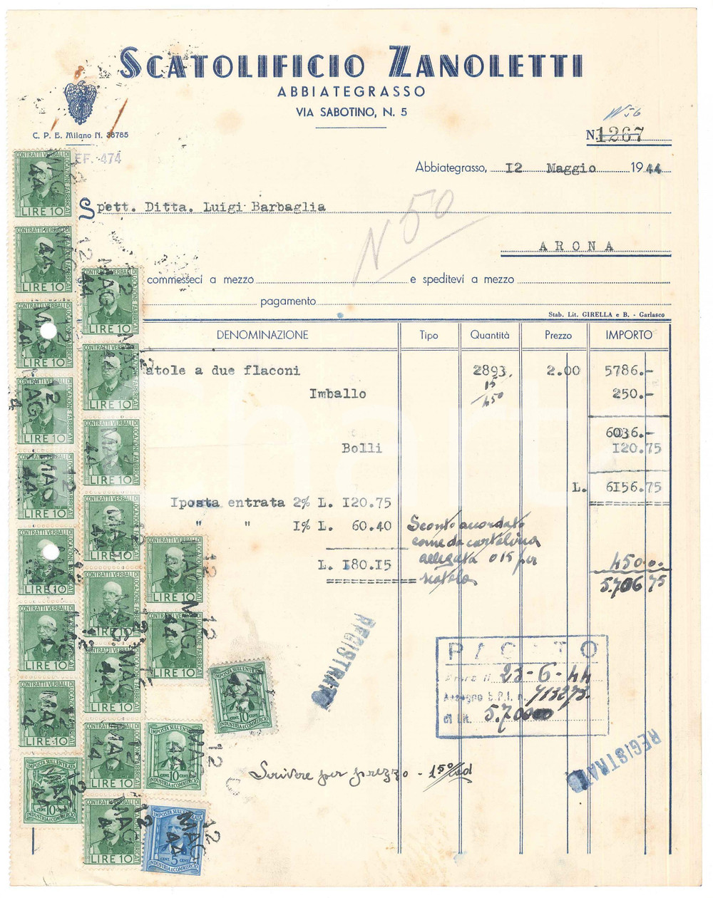 Documento originale, autentico 1944 ABBIATEGRASSO MI Scatolificio ZANOLETTI Fattura per scatole 1