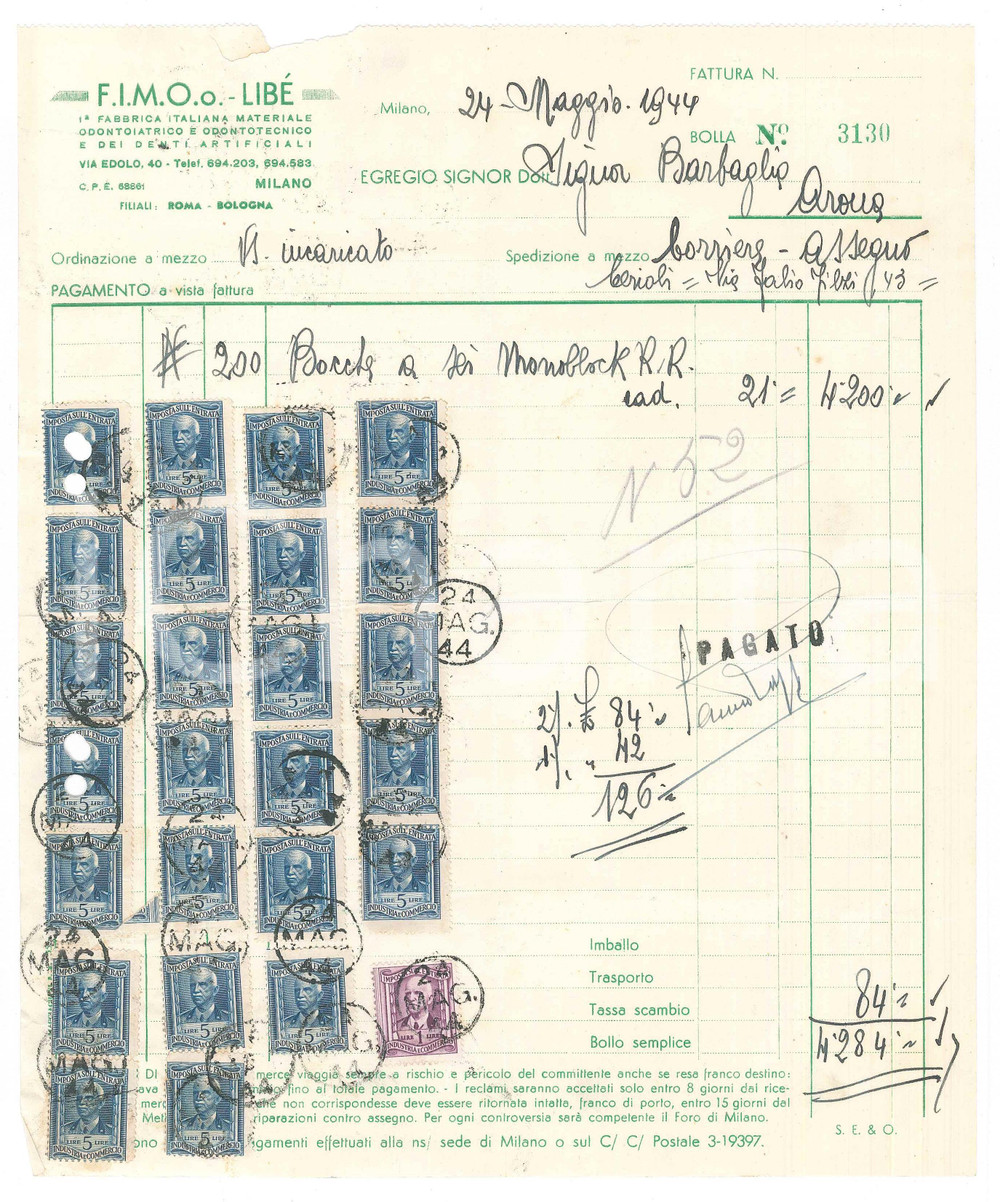 Documento originale, autentico 1944 MILANO Via Edolo 40  F.I.M.O.  LIBE  Materiale odontoiatrico Fattura 1
