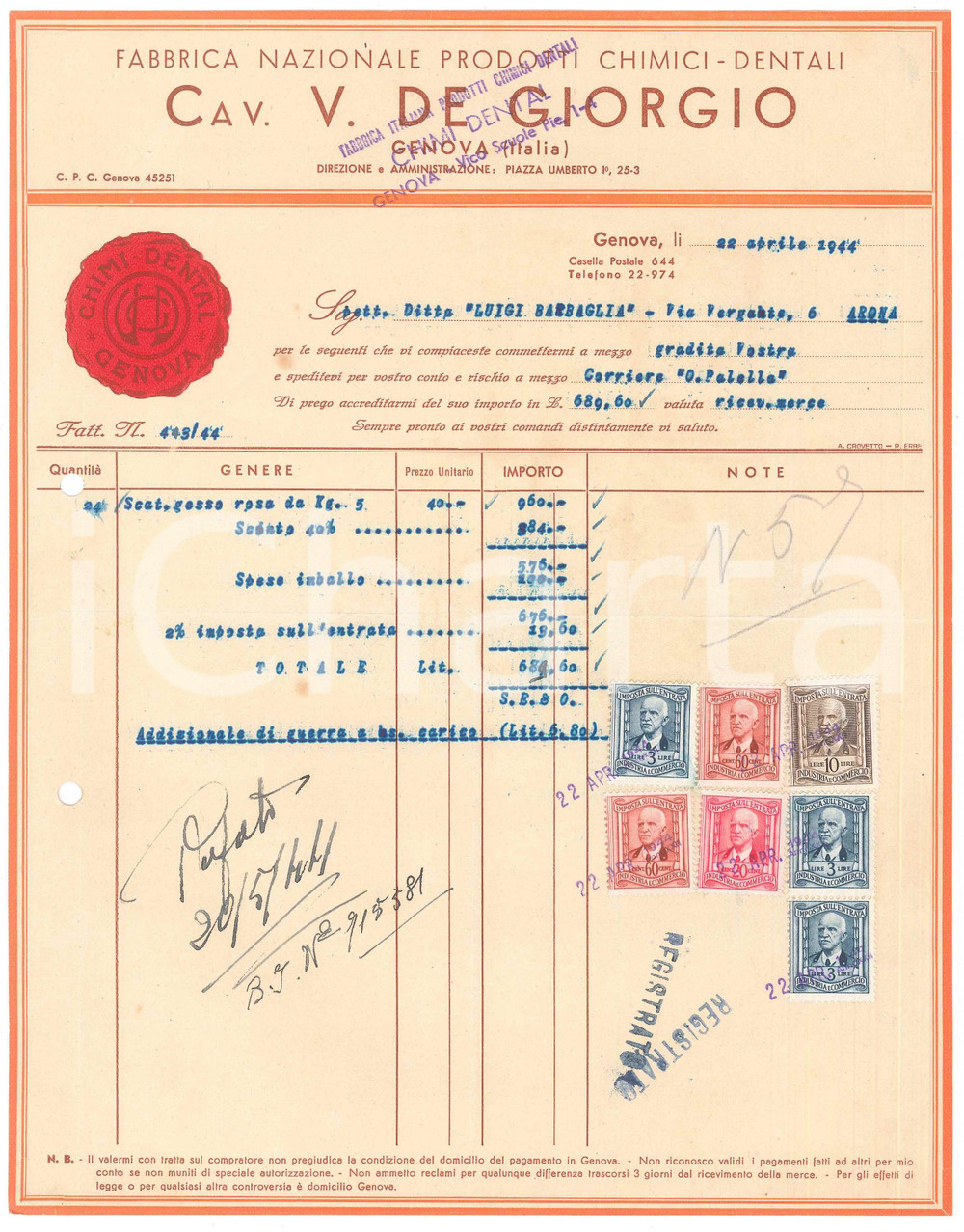 Documento originale, autentico 1944 GENOVA Piazza Umberto I CAV. V. DE GIORGIO Prodotti dentali Fattura 1