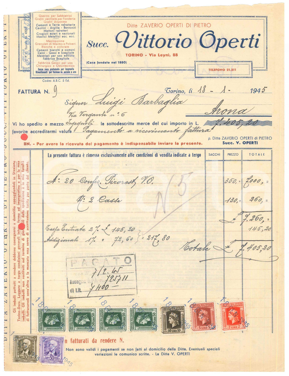 Documento originale, autentico 1945 TORINO Via LeynÃ¬ 88  Ditta Zaverio OPERTI  Cementi  Fattura 1