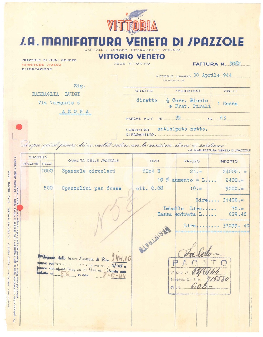 Documento originale, autentico 1944 VITTORIO VENETO  S. A. Manifattura Veneta di Spazzole  Fattura 1