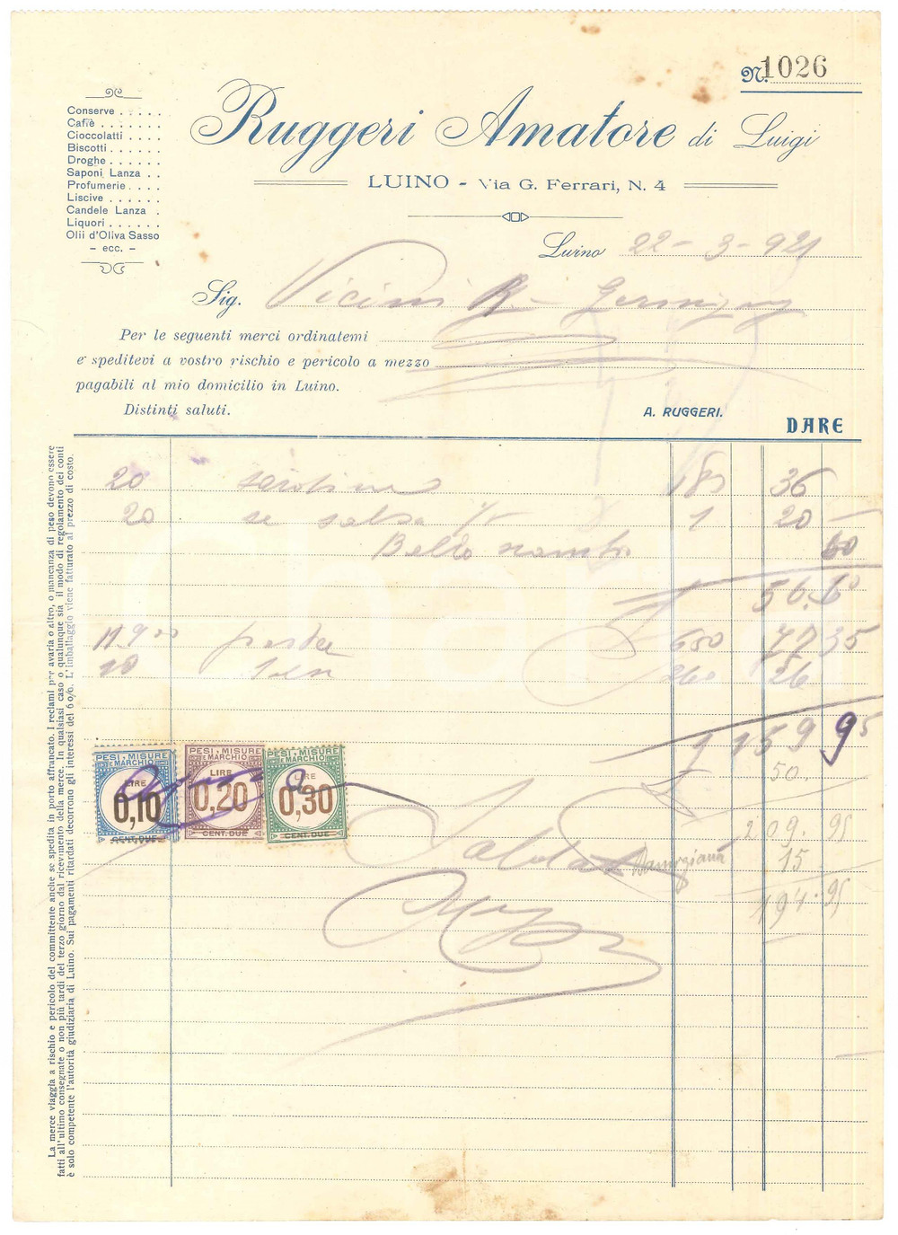 Documento originale, autentico 1921 LUINO VA RUGGERI Amatore di Luigi  Drogheria  Fattura 1