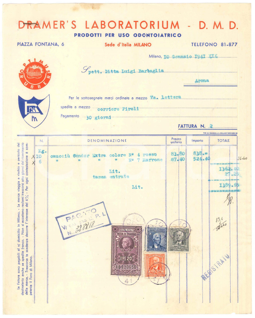 Documento originale, autentico 1941 MILANO Piazza Fontana  DRAMER S LABORATORIUM Odontoiatria  Fattura 1