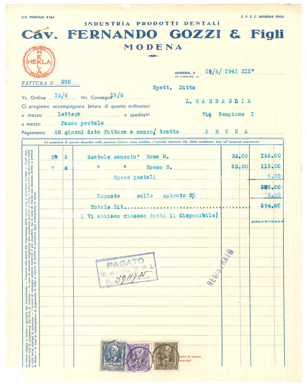 1941 MODENA Via Vignolese 26 - Cav. Fernando GOZZI impianti dentali ^Fattura Fattura originale d'epoca, su carta intestata.PAGINE: 1 CONDIZIONI:POOR/danneggiato piegature d'epoca; mancanze marginali originale e autentica 1