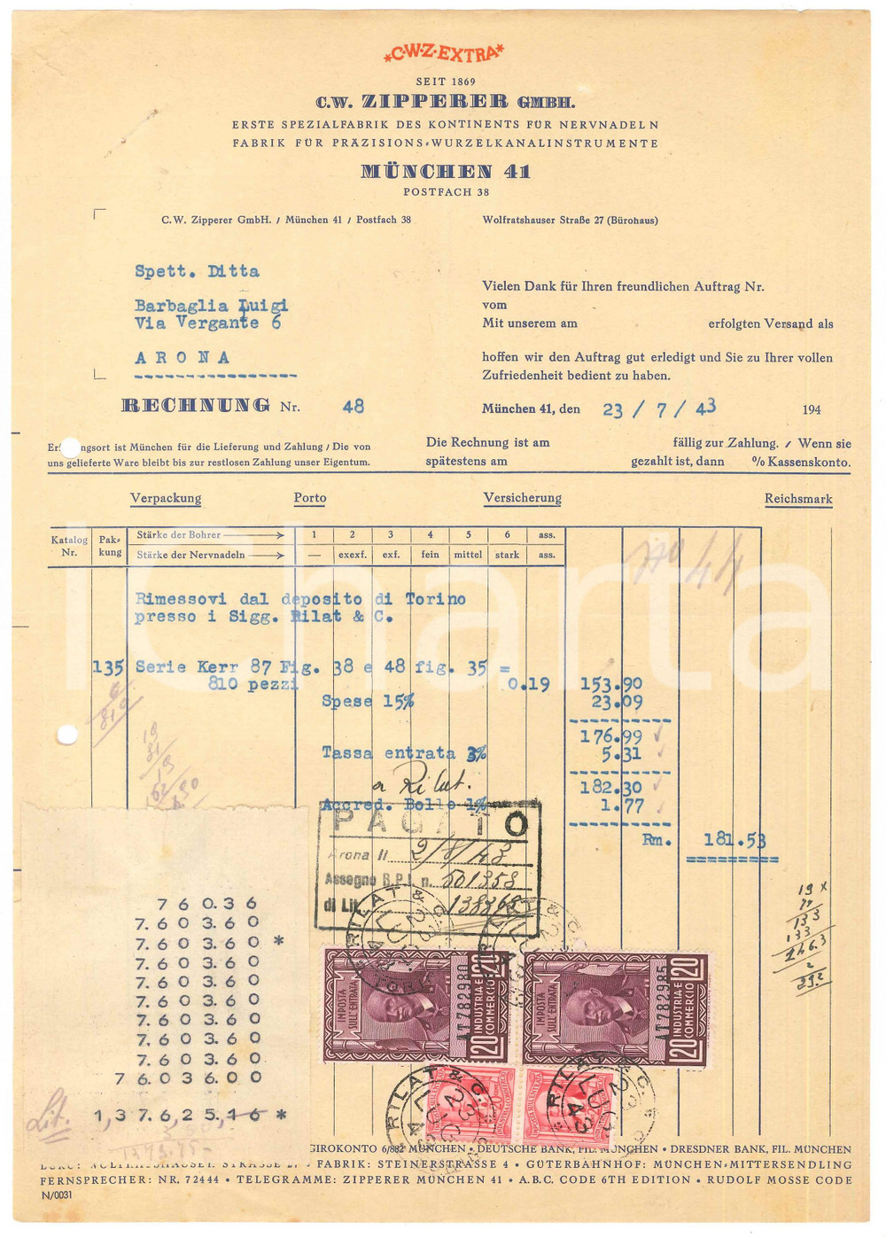 Documento originale, autentico 1943 MUNCHEN 41  C. W. ZIPPERER Gmbh  Nervnadel  Fattura 1