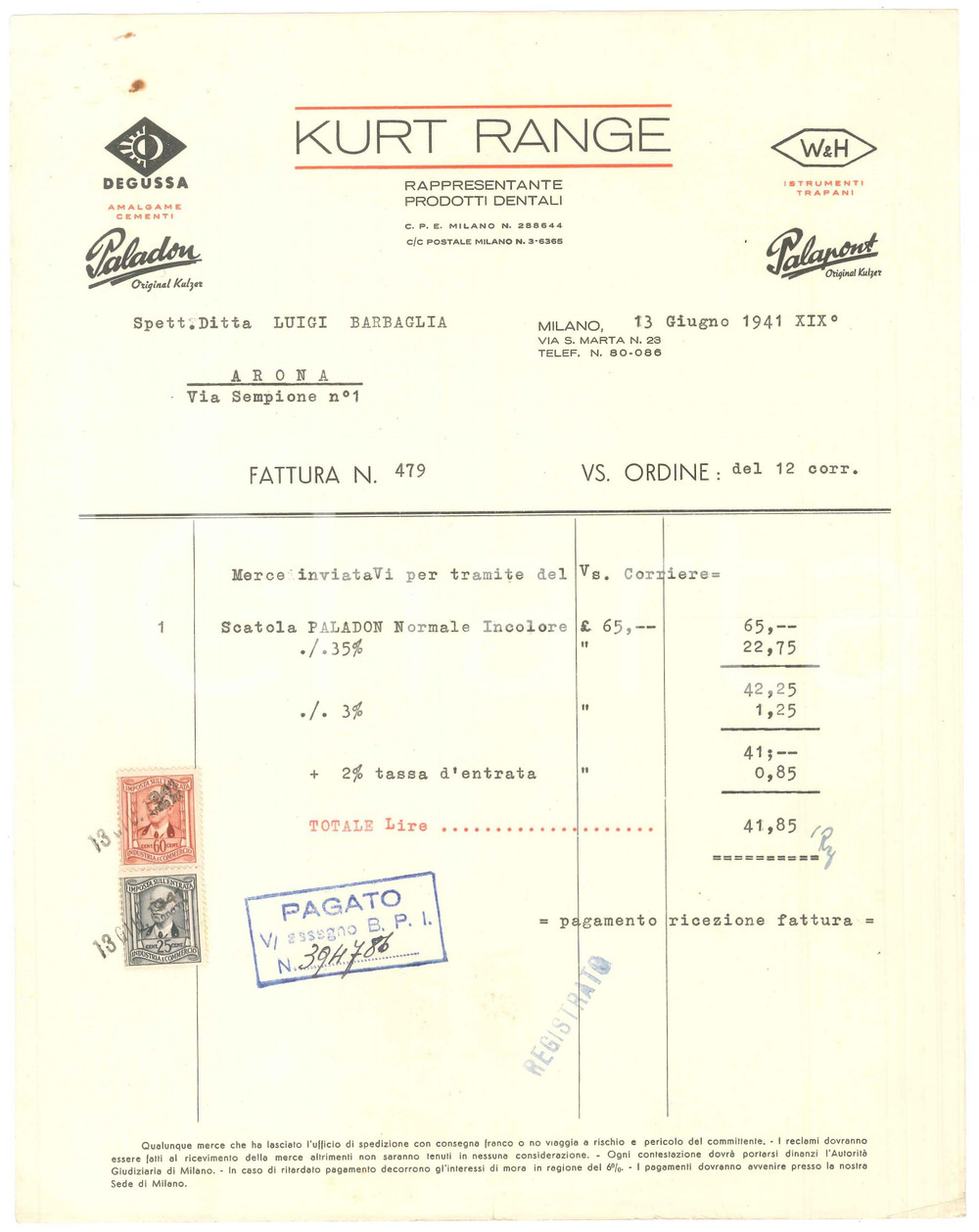 Documento originale, autentico 1941 MILANO Via S. Marta 23  KURT RANGE Prodotti dentali  Fattura 2 1