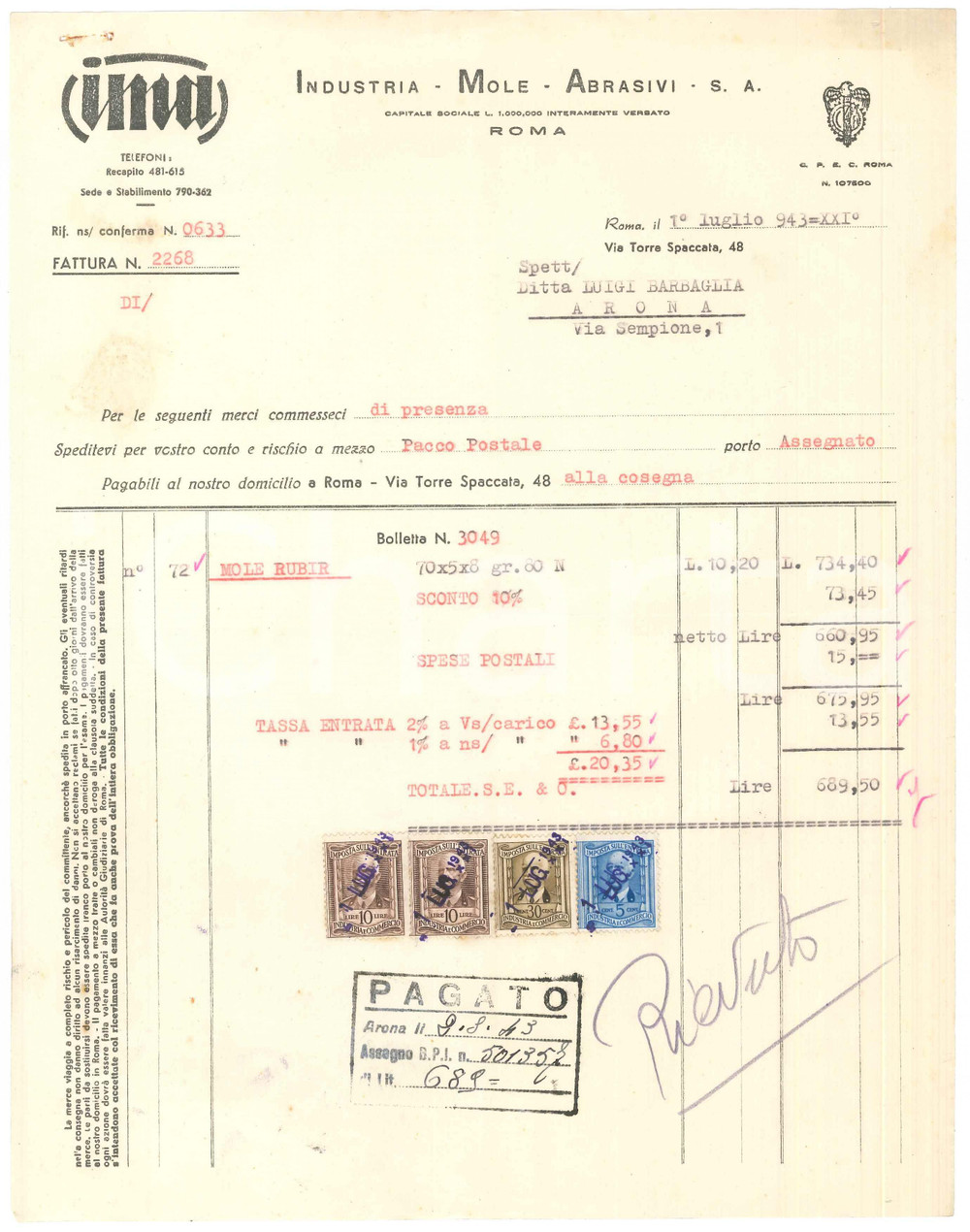 Documento originale, autentico 1943 ROMA Via Torre Spaccata 48  INDUSTRIA MOLE ABRASIVI  Fattura 1