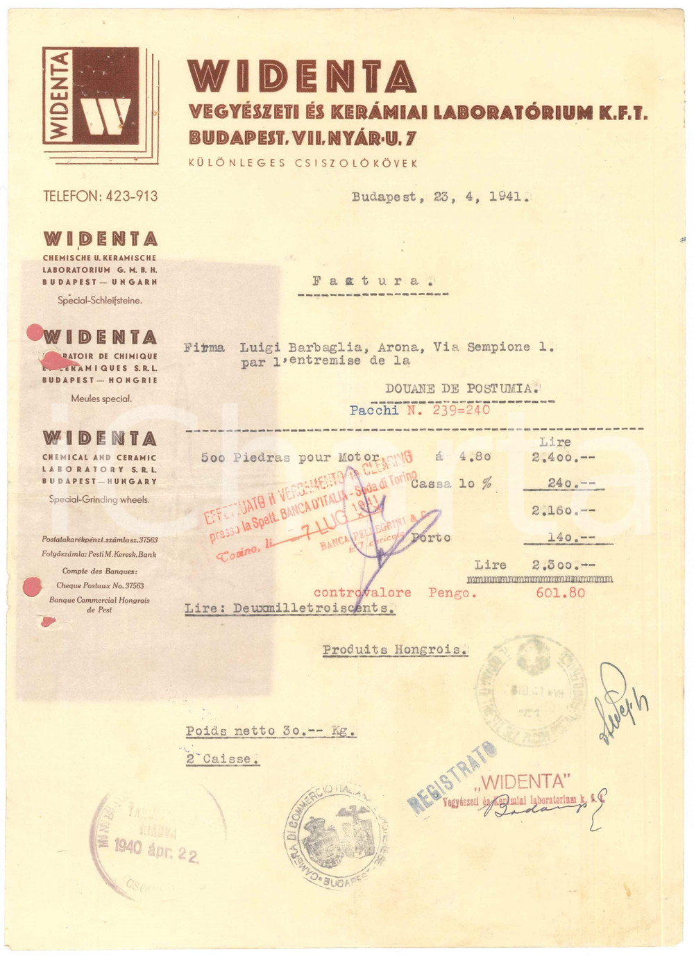 Documento originale, autentico 1941 BUDAPEST HUNGARY WIDENTA Vegyeszeti es keramiai laboratorium  Fattura 1