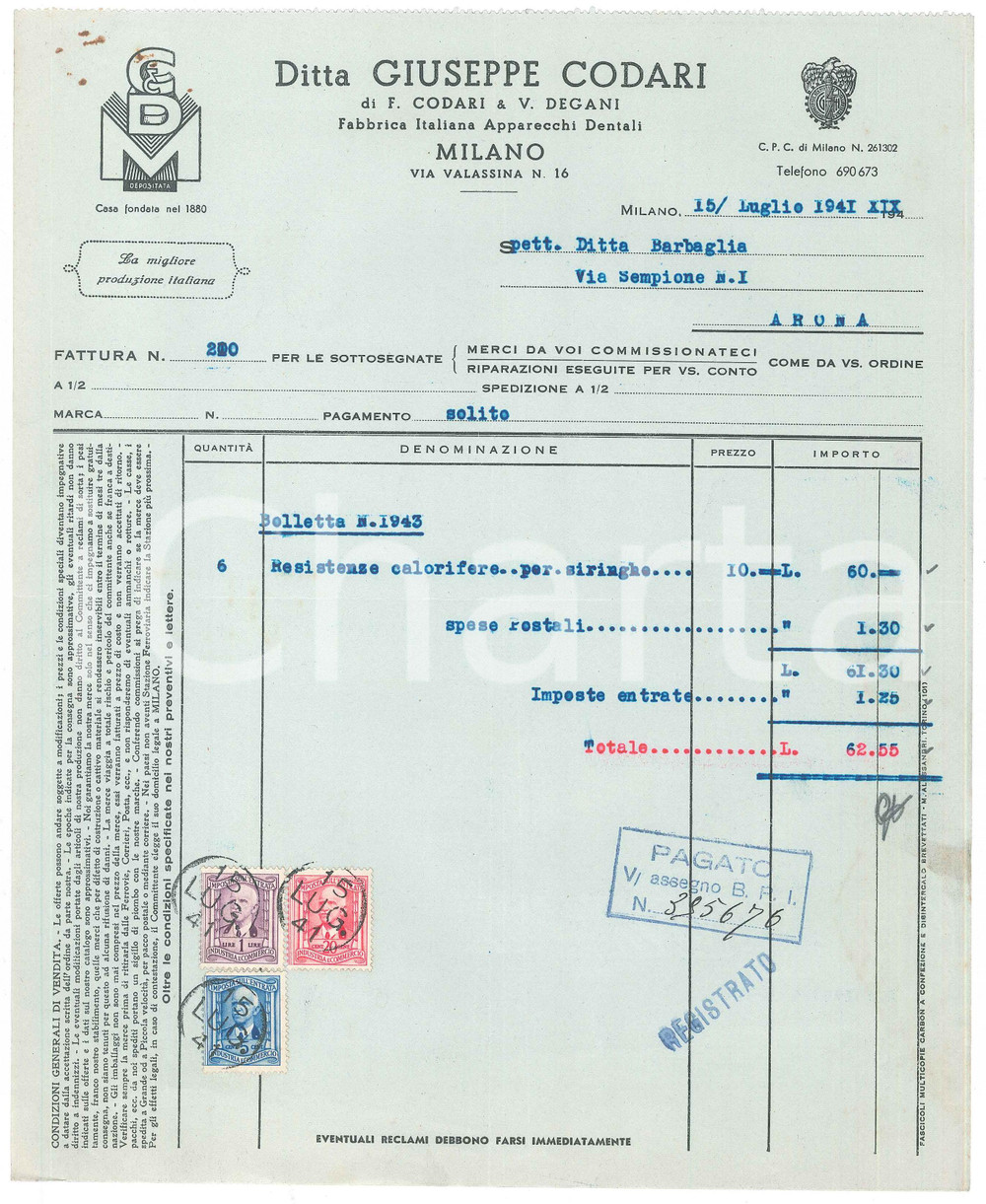Documento originale, autentico 1941 MILANO Via Valassina 16  Ditta Giuseppe CODARI Apparecchi dentali Fattura 1