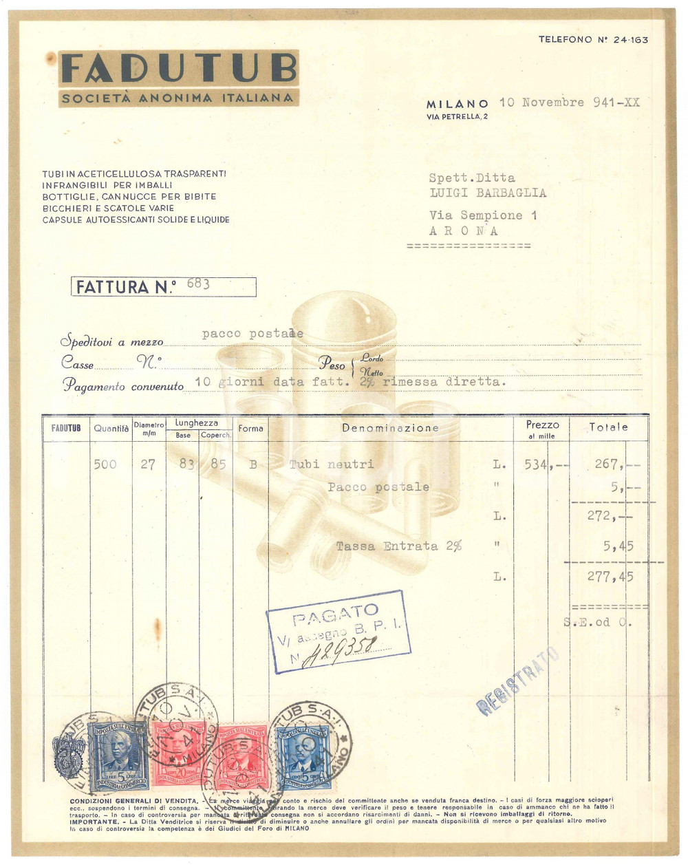 Documento originale, autentico 1941 MILANO Via Petrella 2  FADUTUB Tubi in aceticellulosa  Fattura 1