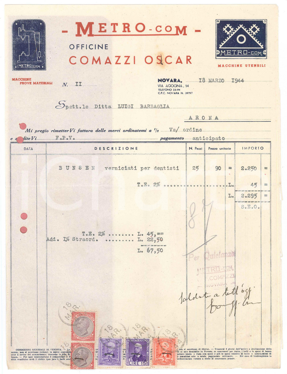 Documento originale, autentico 1944 NOVARA Officine COMAZZI Oscar  METROCOM Fattura bunsen dentisti 1