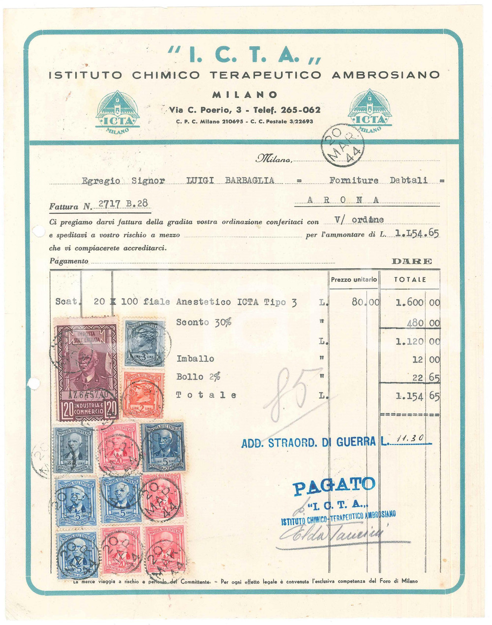 Documento originale, autentico 1944 MILANO Via Poerio  ICTA Istituto Chimico Terapeutico Ambrosiano Fattura 1