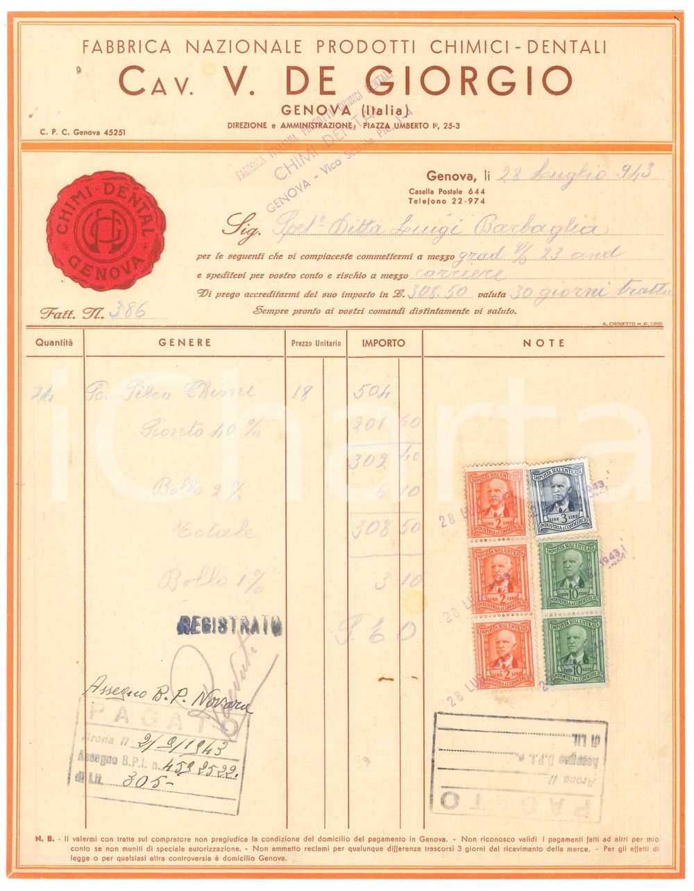 Documento originale, autentico 1943 GENOVA Piazza Umberto I  CAV. V. DE GIORGIO Prodotti dentali Fattura 1
