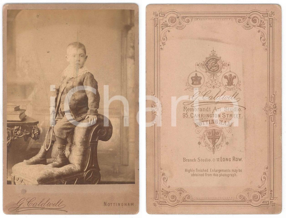 Fotografia d epoca originale 1890 ca NOTTINGHAM UK Portrait of a little boy Photo G. COLDWELL 1