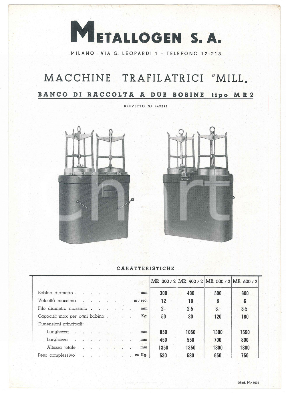 Materiale pubblicitario d’epoca 1950 ca MILANO Ditta METALLOGEN  Macchine trafilatrici MILL MR2 Scheda 1