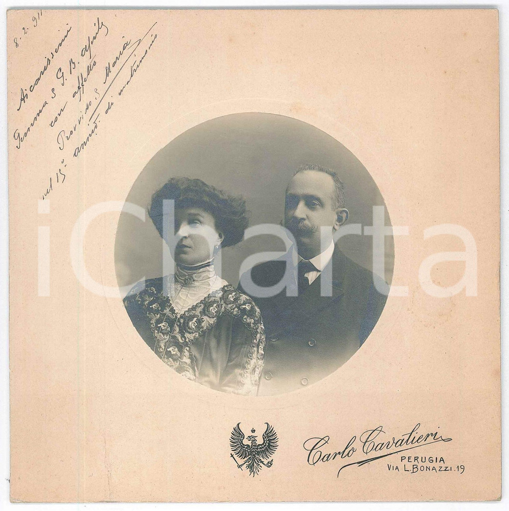 Fotografia d epoca originale 1911 PERUGIA Coppia di sposi  Ritratto  Foto Carlo CAVALIERI 16x16 cm 1