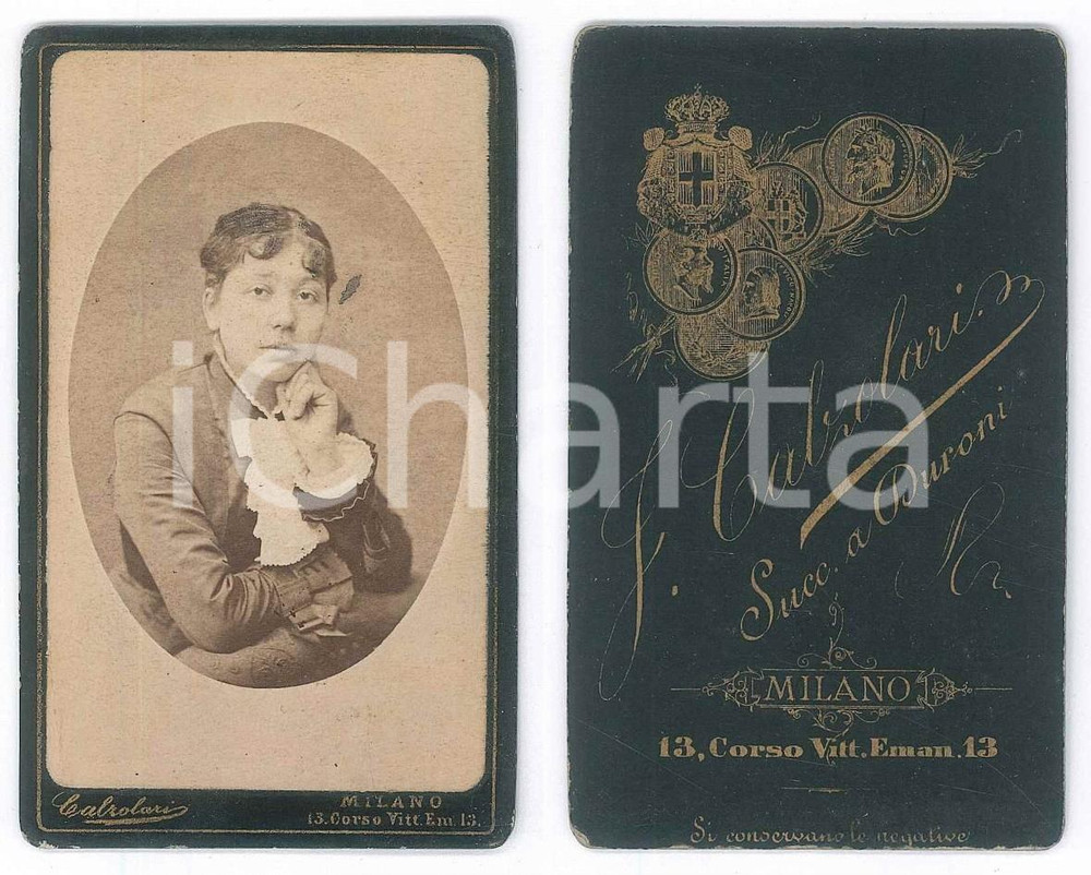 Fotografia d epoca originale 1880 ca MILANO Ritratto di giovane donna  Busto Foto CALZOLARI CDV 1