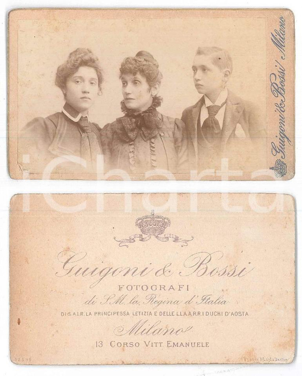 Fotografia d epoca originale 1900 ca MILANO Madre con i due figli  Ritratto Foto GUIGONI & BOSSI CDV 1