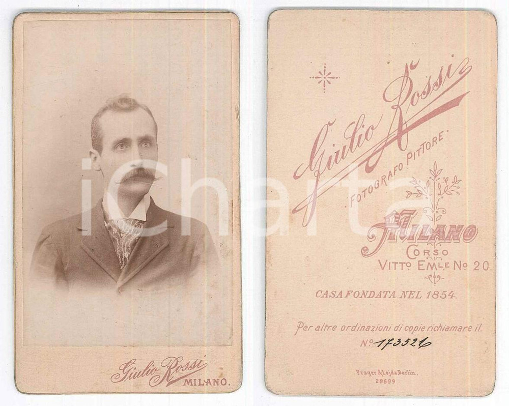 Fotografia d epoca originale 1890 ca MILANO Ritratto maschile  Cravatta decorata Foto Giulio ROSSI CDV 1
